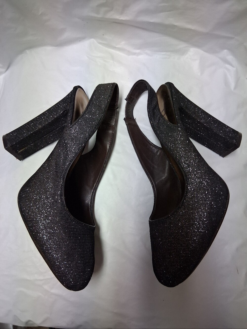Nicole By Nicole Miller Black Glitter Slingback Block Heels Sz 9M Preowned
